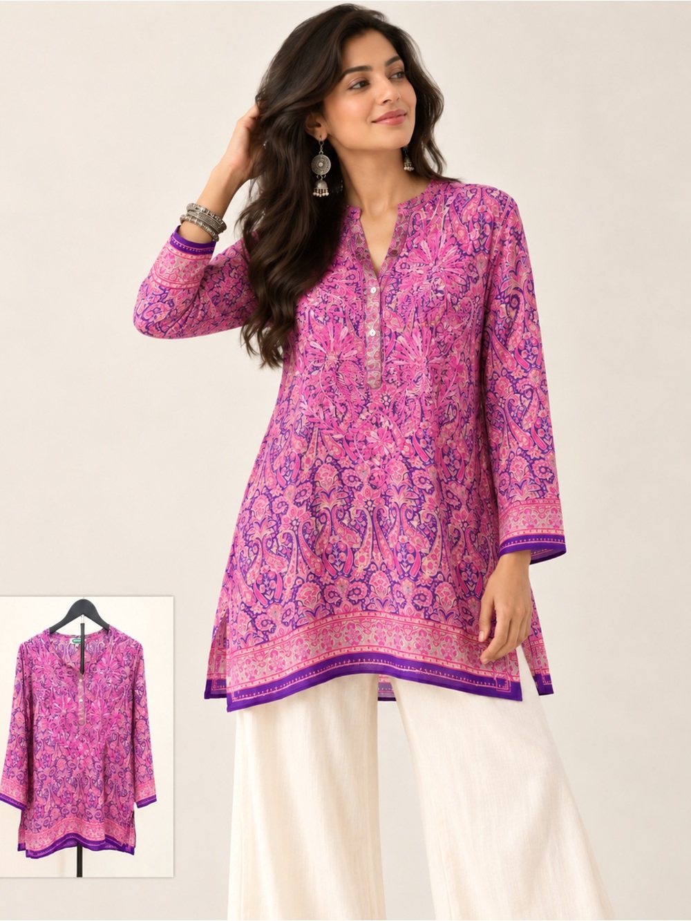 Dolma Hand Embroidered Paisley Silk Blend Tunic Top Boho Artisan Eclectic